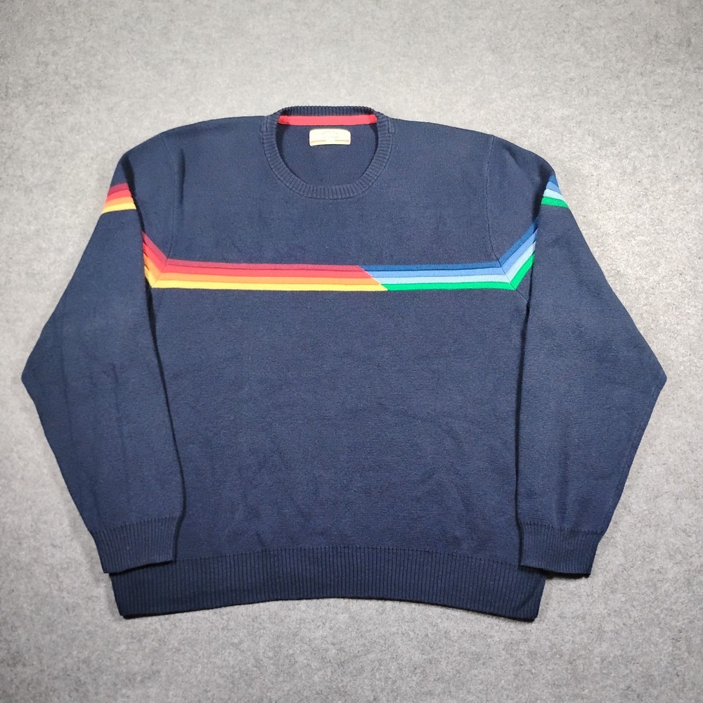 Marine Layer Lost & Found Rainbow Stripe Navy Blue Sweater Mens XL 14773 Holiday